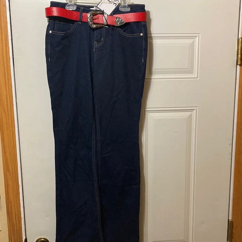 Almost Famous Mid Rise Bootcut Jeans with Red Belt‎ 3 NWT